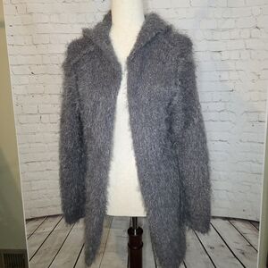 Military Hippie Gray Shaggy Hooded Cardigan Sweater Fuzzy Boho Jacket L/XL